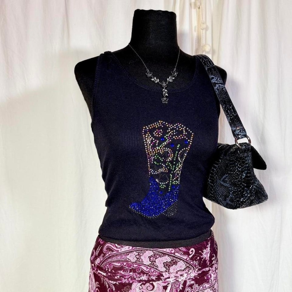 Bay Blue Black Rhinestone Boot Ribbed Tank Top XS